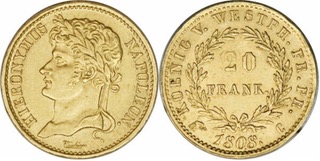 Pièce de Jérôme Bonaparte qui règne sur le royaume de Westphalie